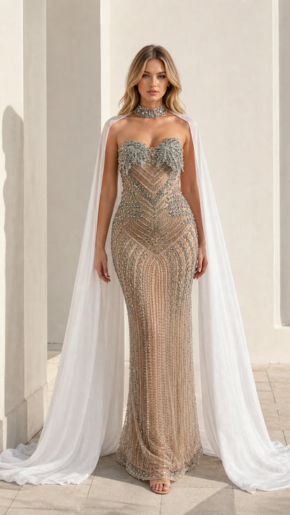 Front view of model wearing champagne beaded evening gown with sheer cape