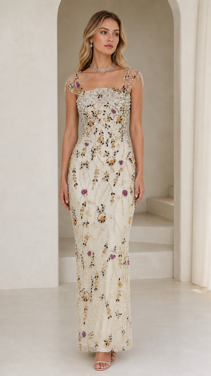 Front view of model wearing champagne embellished floral beaded evening gown