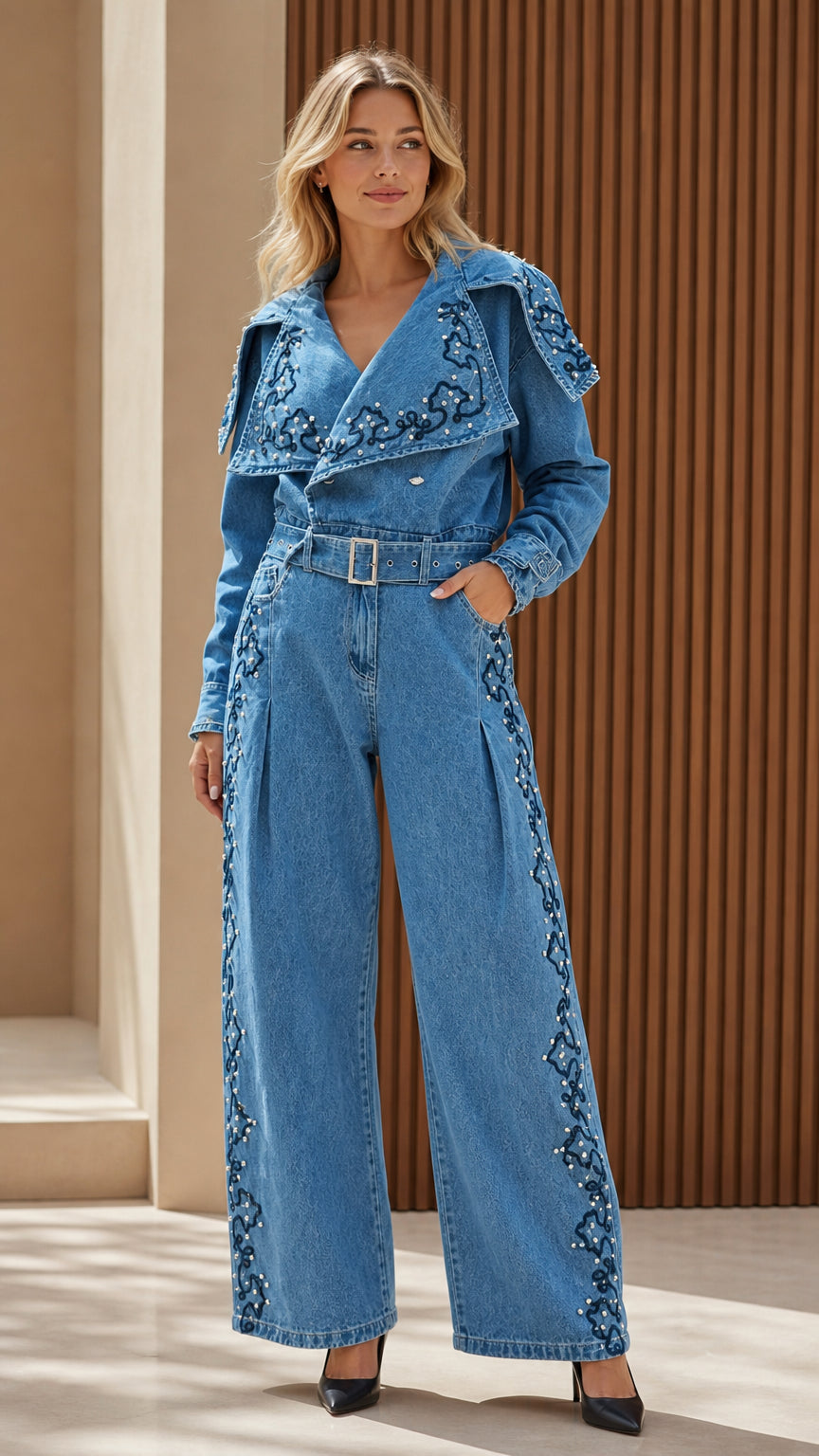 Model wearing blue embroidered denim jumpsuit with statement collar, front view