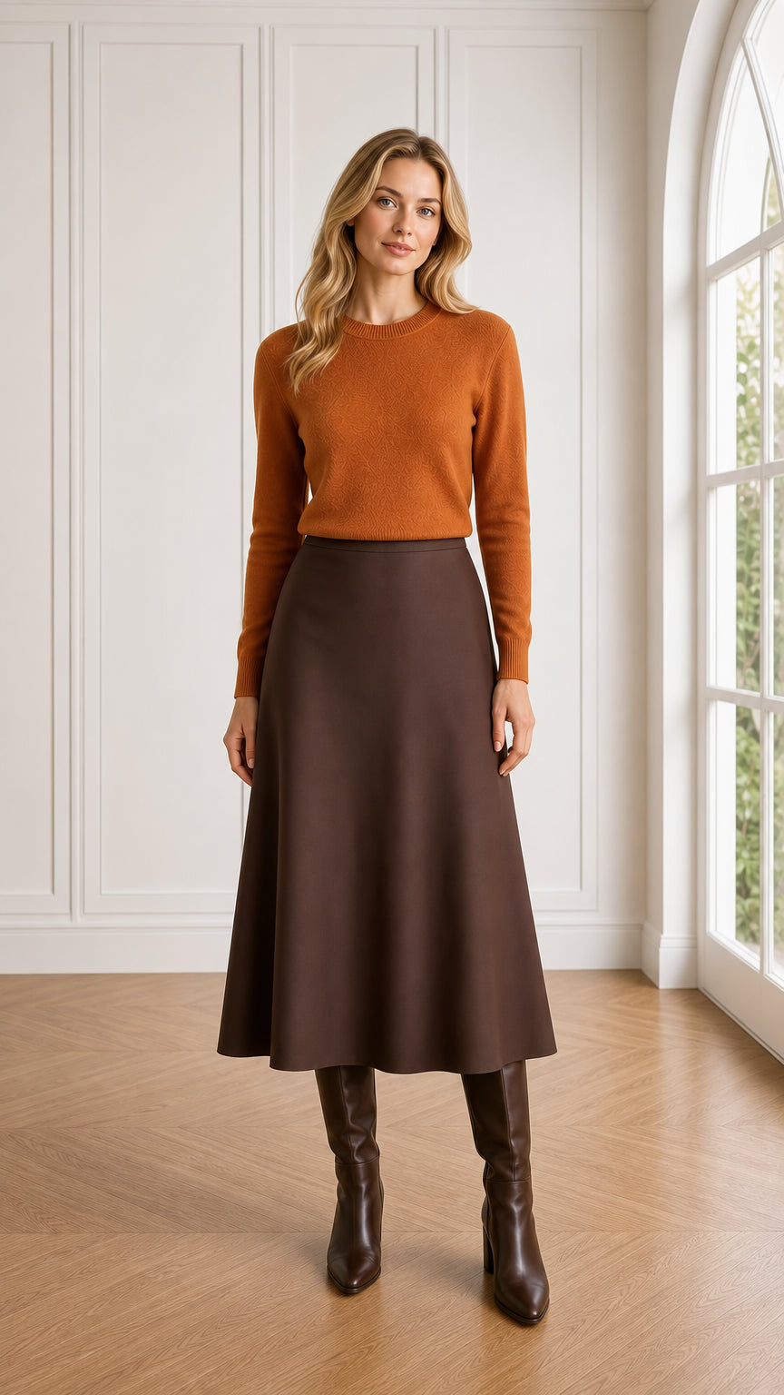 Full-length front view of model wearing rust textured crewneck sweater tucked into a brown midi skirt with boots