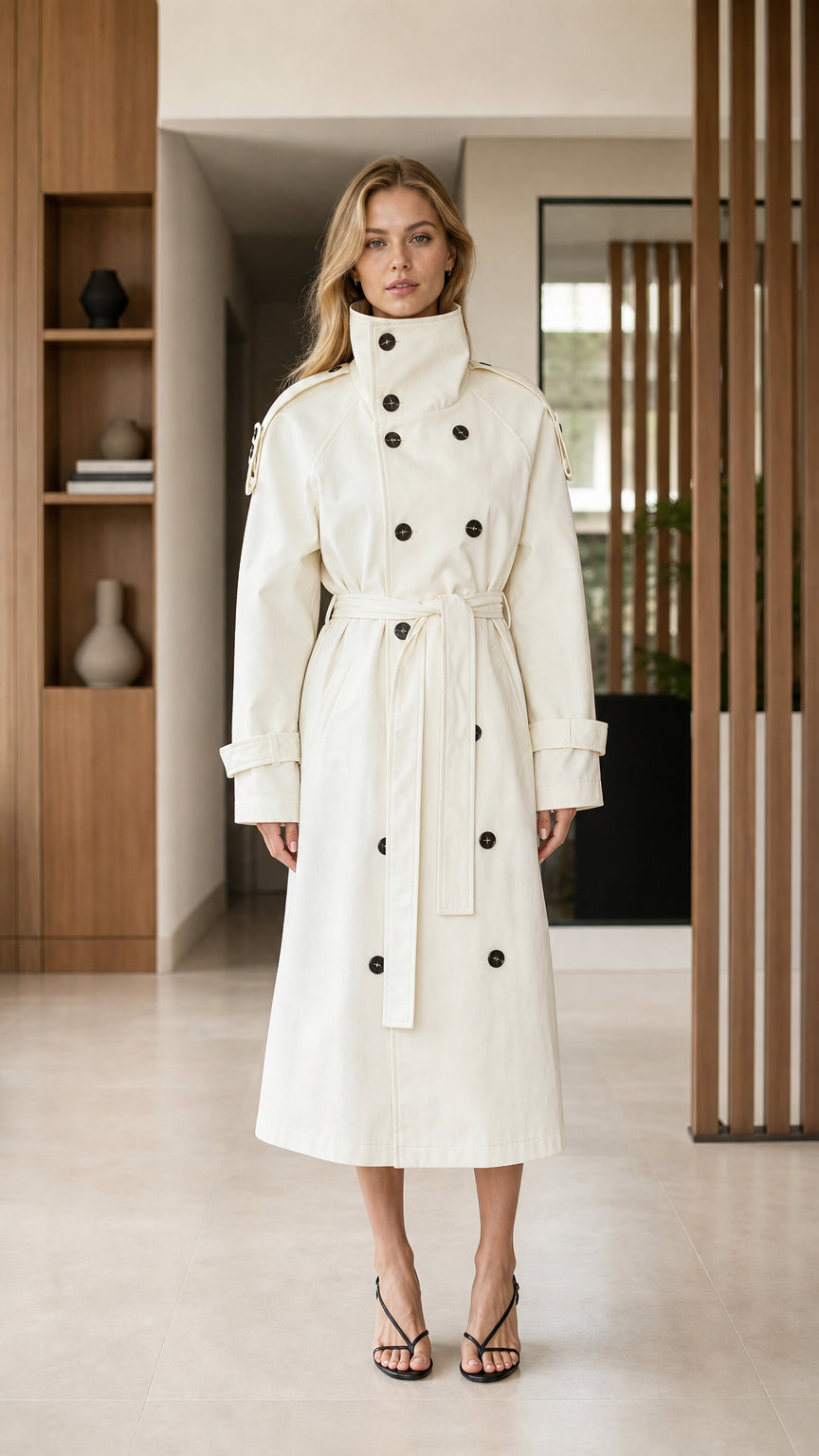 Front full-length view of woman wearing Cream double-breasted high neck belted trench coat