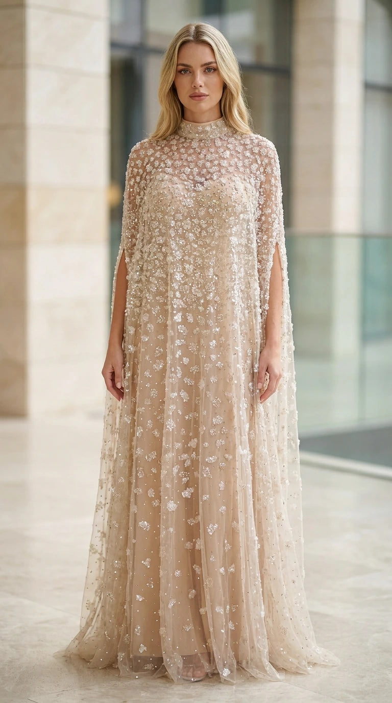 Front view of model wearing champagne sequined beaded high neck cape evening gown