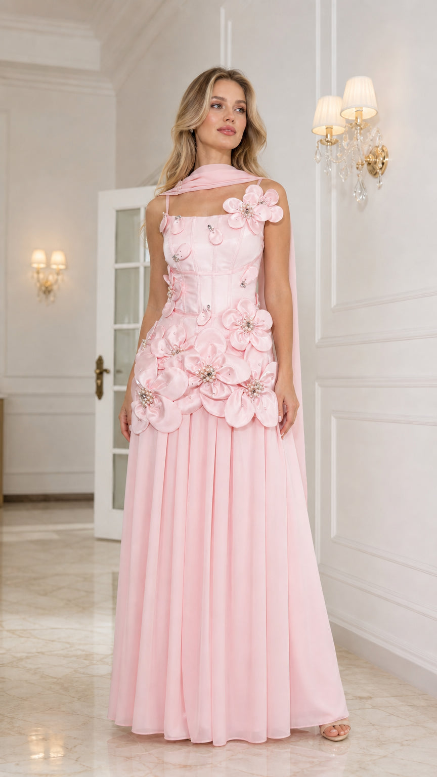 Front view of pink floral applique corset evening gown