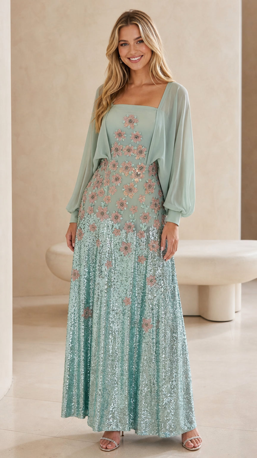 Front view of mint green floral sequin maxi evening gown with chiffon sleeves