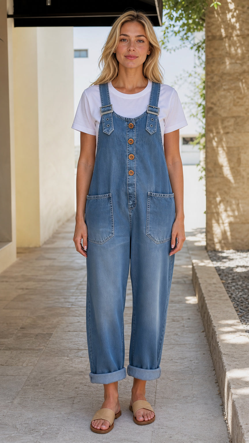 Front view of model wearing blue denim overalls with white t-shirt and sandals