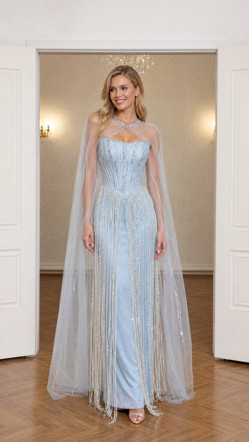 Front view of light blue beaded fringe evening gown with sheer floor-length cape