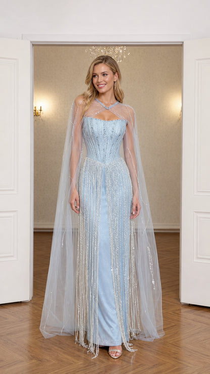 Front view of light blue beaded fringe evening gown with sheer floor-length cape