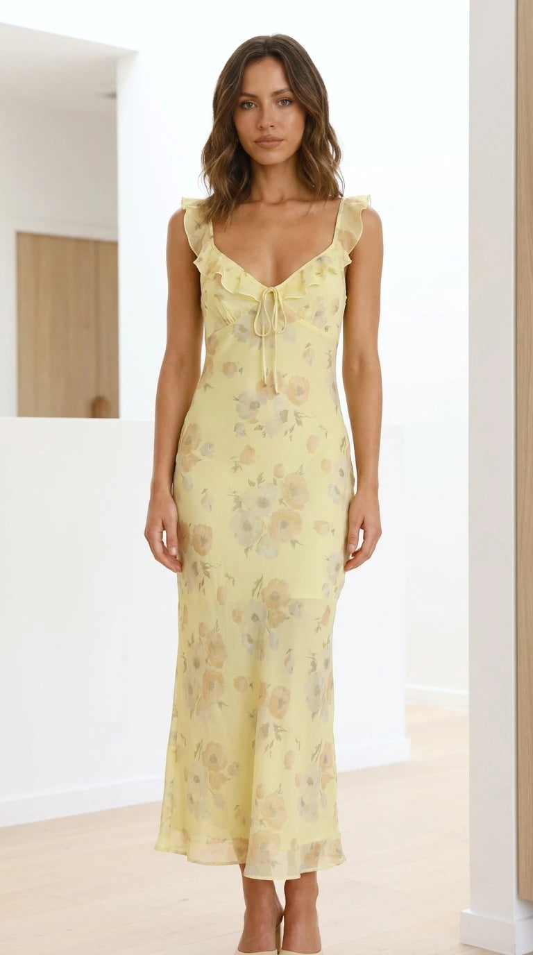 Front view of yellow floral maxi dress with ruffle straps