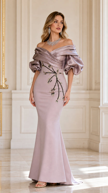 Front view of lavender off-the-shoulder satin evening dress