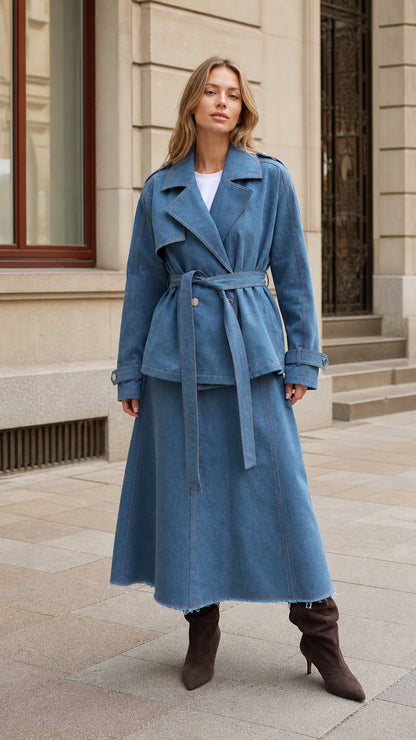 Front full-length view of woman wearing Denim Blue belted trench jacket and matching maxi skirt set