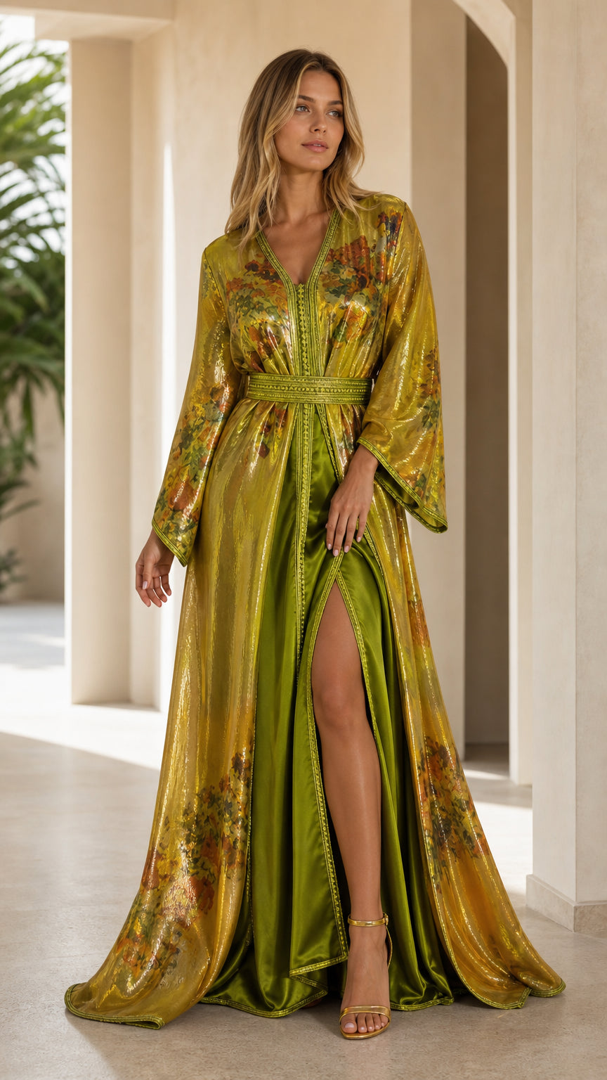 Full front view of the olive green metallic floral embroidered kaftan dress with high front slit