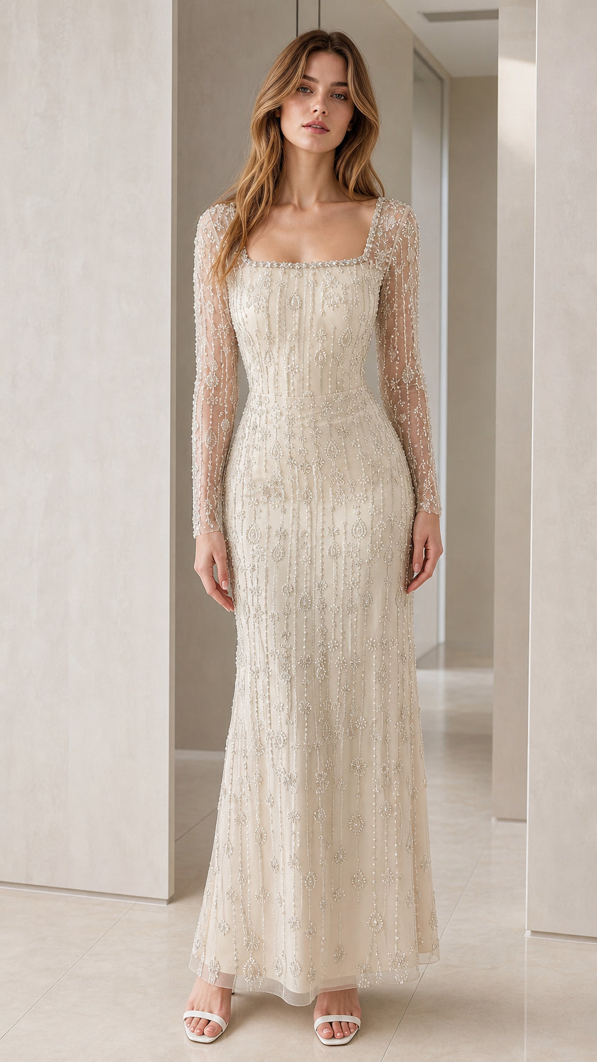 Front full view of Champagne beaded square neck long sleeve formal maxi dress