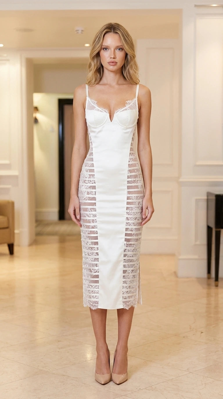 Front view of woman wearing white lace panel midi dress