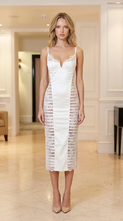 Front view of woman wearing white lace panel midi dress