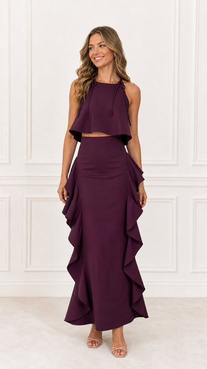 Model wearing Burgundy Two-Piece Ruffle Maxi Dress Set from the front