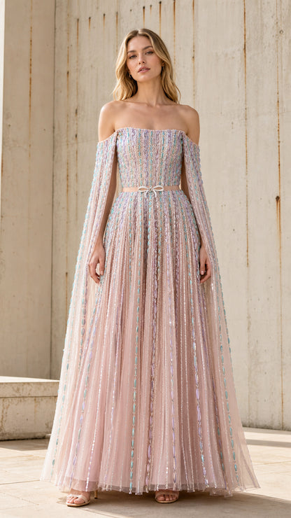 Front view of pink off-the-shoulder tulle evening gown with cape sleeves