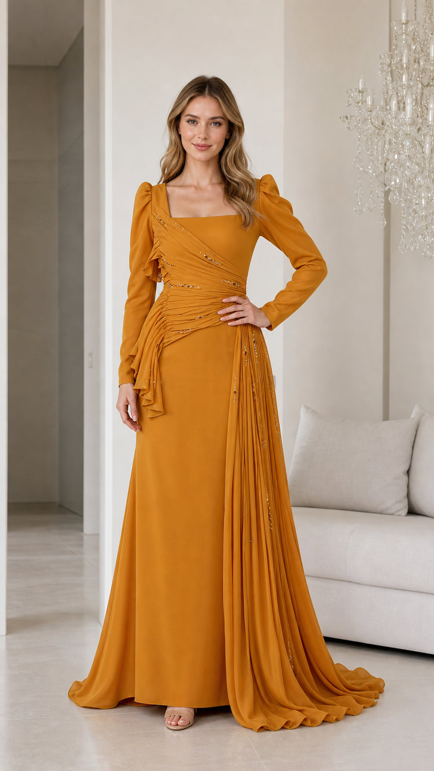 Front view of mustard yellow long sleeve pleated evening gown