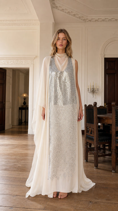 Front view of ivory sequin embellished mock neck maxi dress with cape