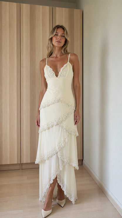 Front view of ivory tiered beaded maxi dress