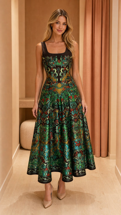 Front view of woman wearing emerald green jacquard square neck A-line midi dress with beige pumps