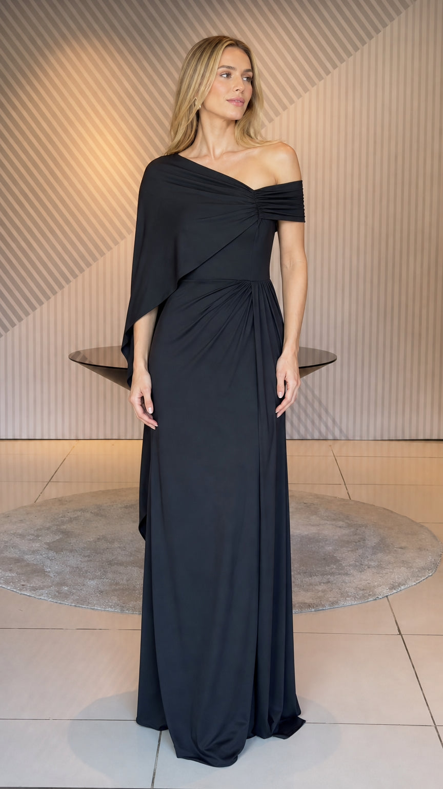 Front view of black one-shoulder drape evening maxi dress