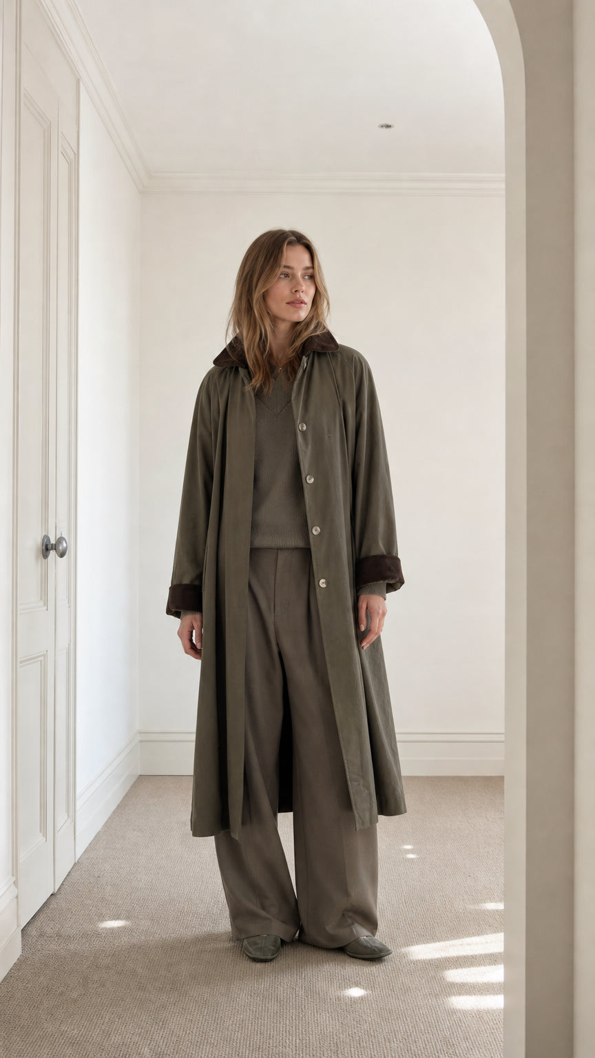 Full front view of model wearing Olive Green long duster coat with brown contrast collar