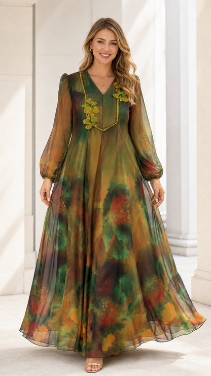 Front view of Forest Green watercolor chiffon maxi dress with floral appliqué neckline