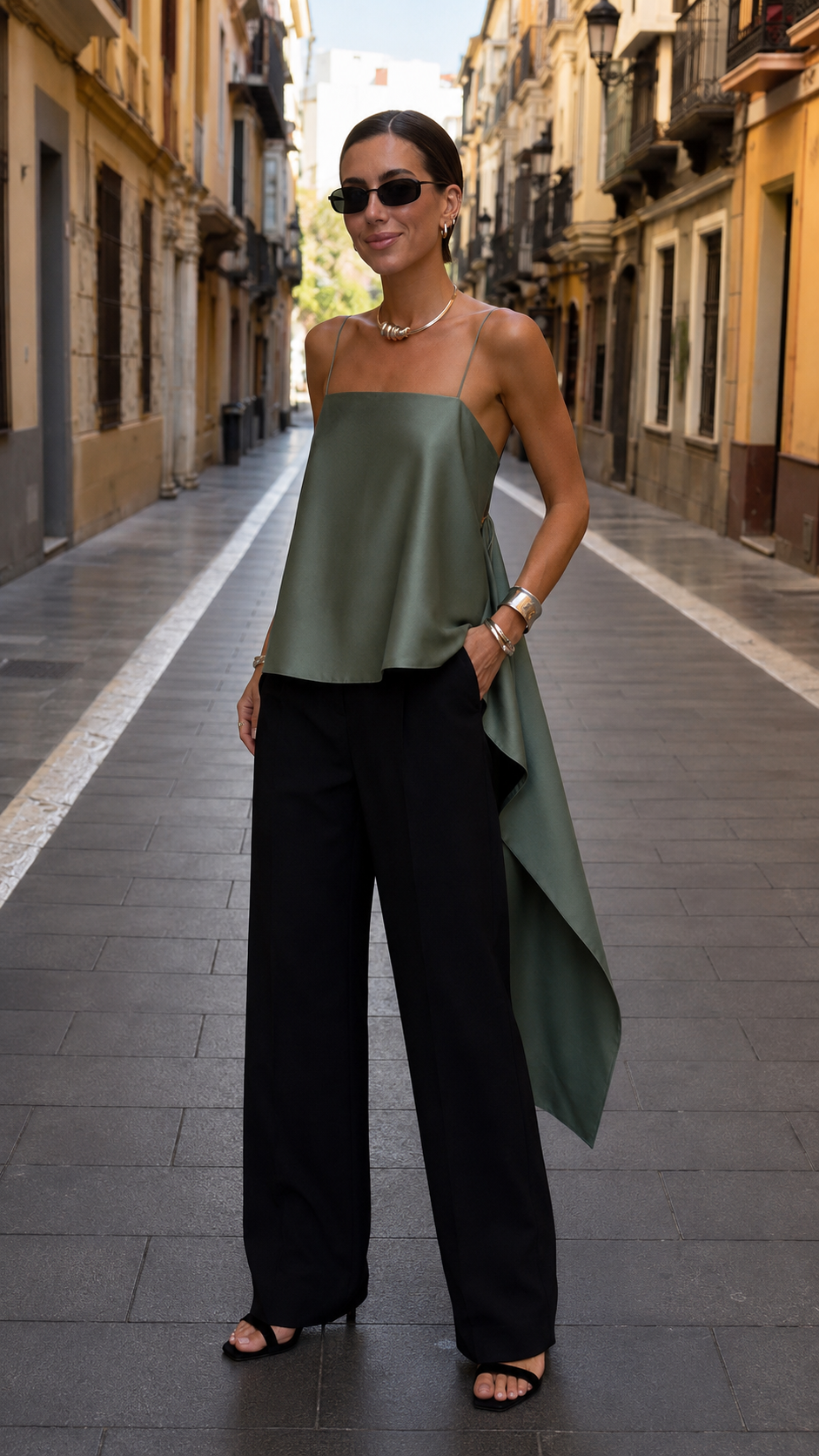 Front view of sage green asymmetric satin-look cami top with black wide-leg pants