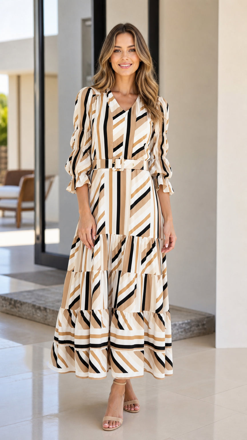 Front view of woman wearing beige geometric striped tiered midi dress
