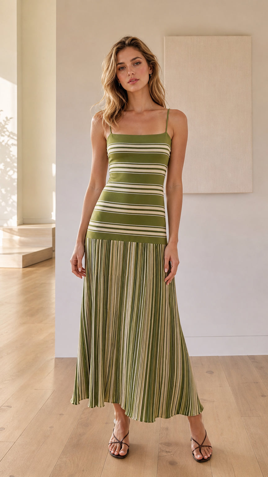 Woman wearing olive green striped knit maxi dress front view