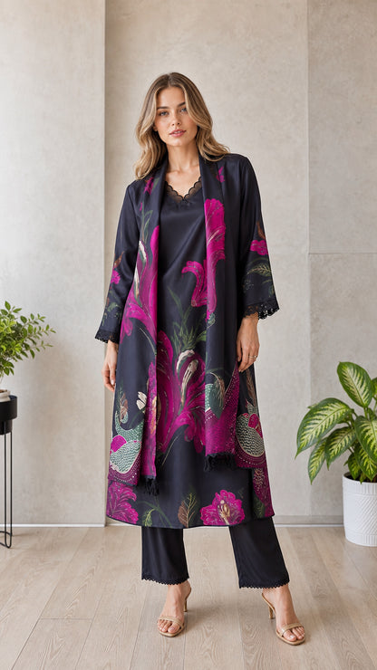Model wearing black floral 3-piece cardigan set, front view
