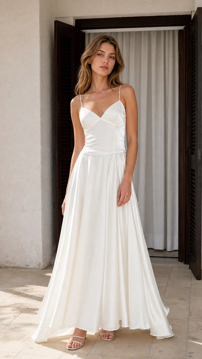 Front view of Ivory satin spaghetti strap A-line maxi dress on model
