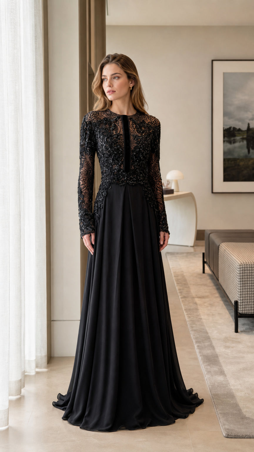 Front view of model wearing the black long-sleeve beaded lace evening dress