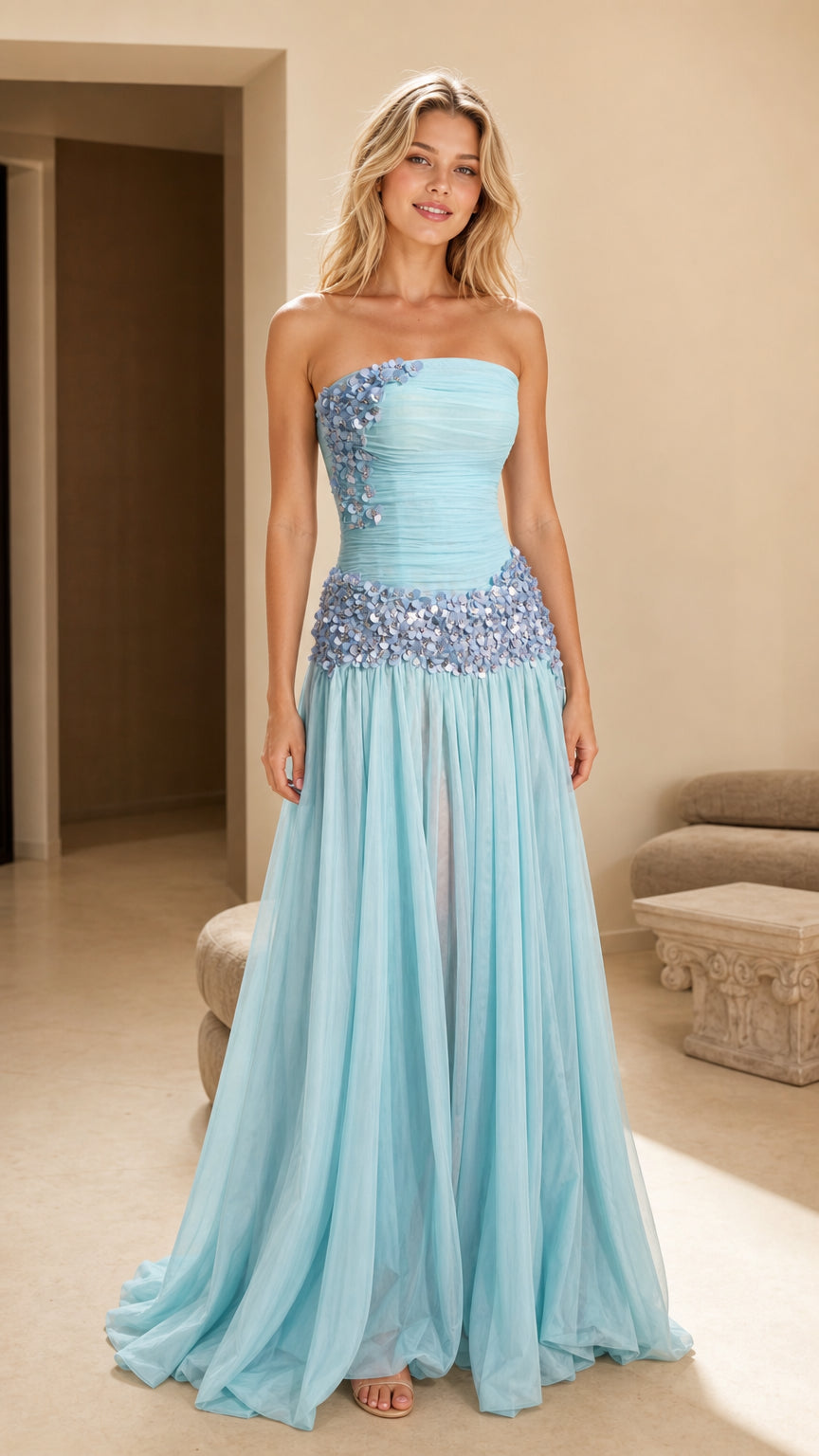 Front view of light blue strapless floral applique evening gown