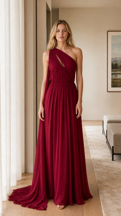 Front view of burgundy one-shoulder pleated maxi evening dress