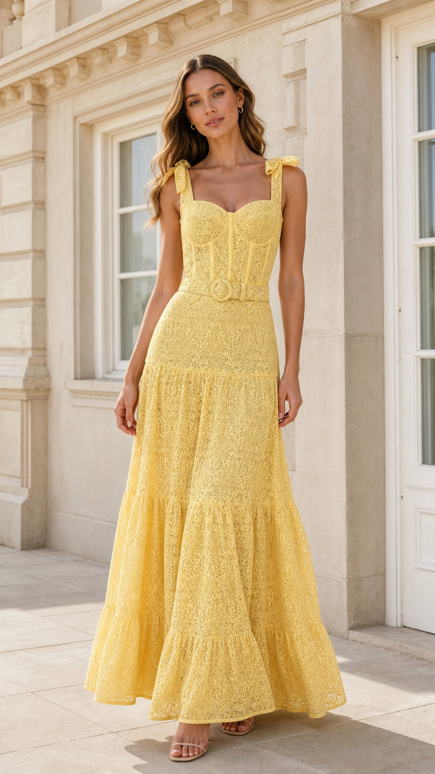 Front view of yellow lace tiered maxi dress