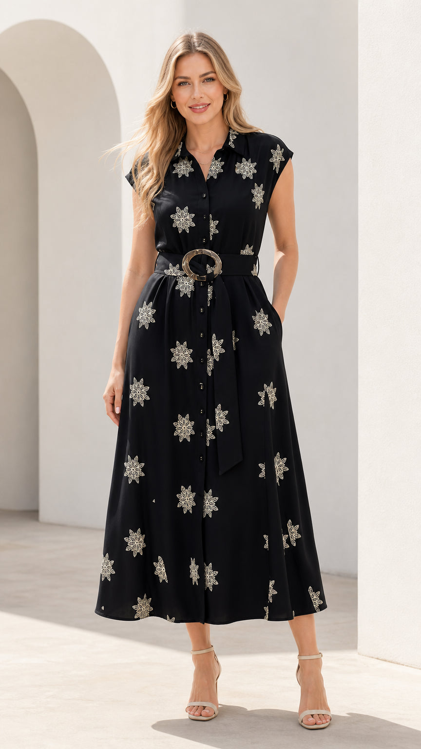 Front view of woman wearing black embroidered midi shirt dress with belt