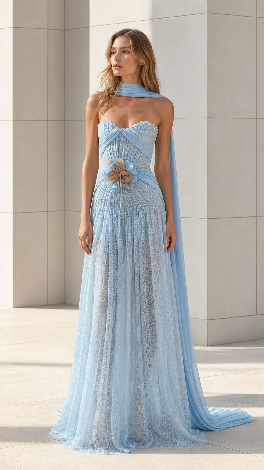 Front view of light blue strapless lace evening gown with matching draped scarf