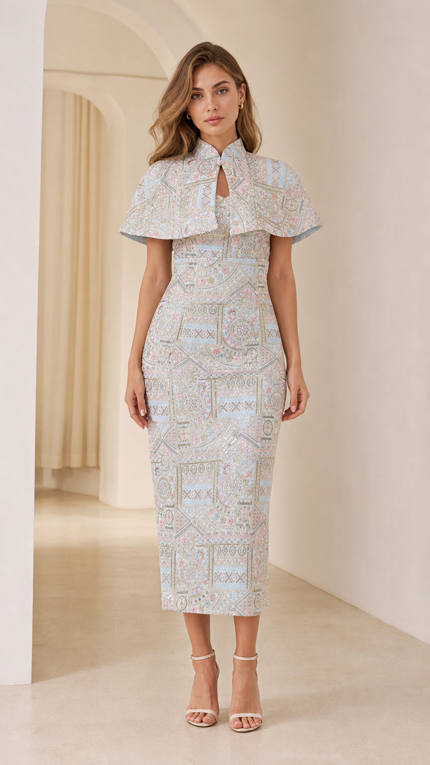 Front view of model wearing Light Blue embroidered jacquard capelet midi dress