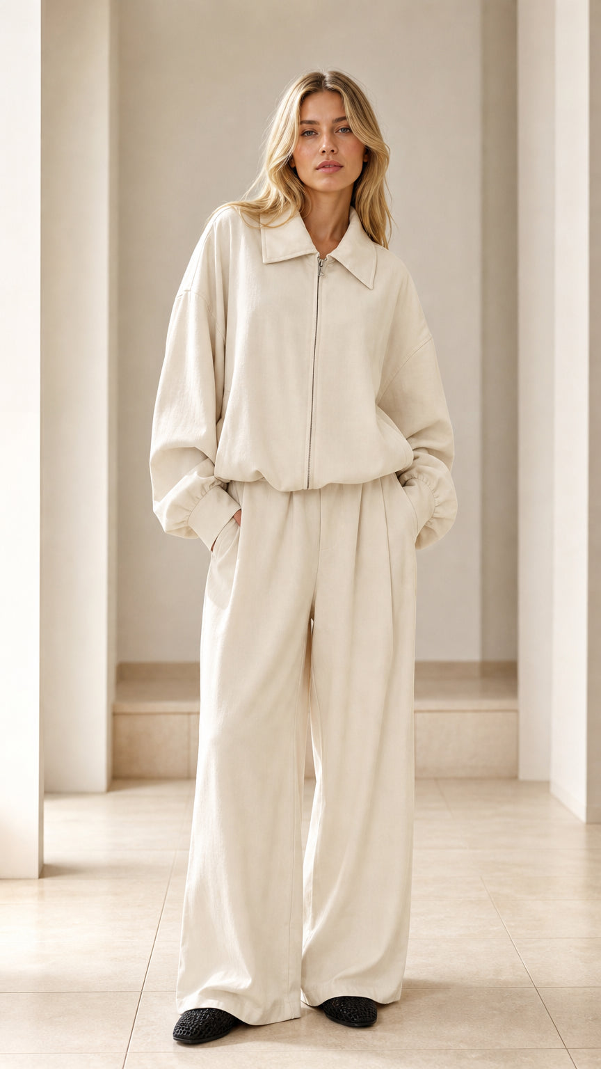 Front view of woman wearing cream zip-up collared jacket and wide-leg pleated pants set