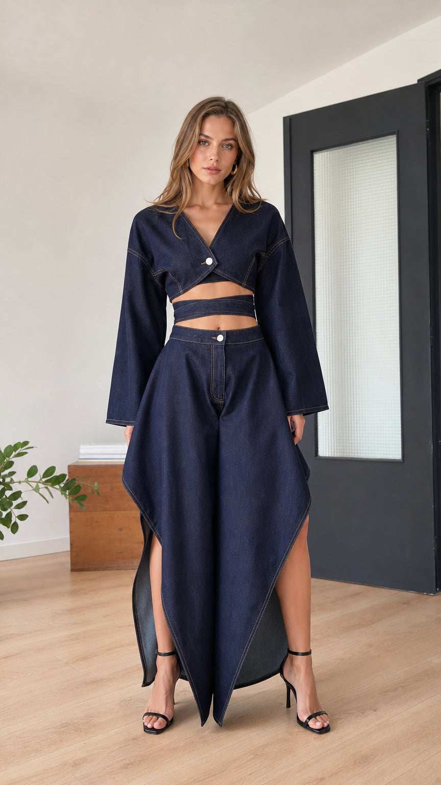 Model wearing indigo blue two-piece crop top and asymmetrical maxi skirt set, front view