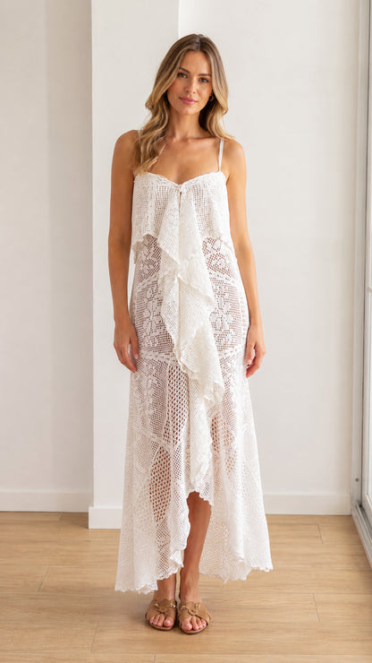 Front view of model wearing white crochet lace ruffle maxi dress