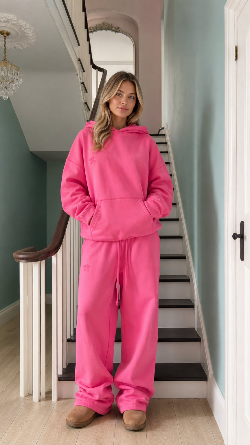 Women's hot pink fleece hoodie and wide-leg sweatpants set front view