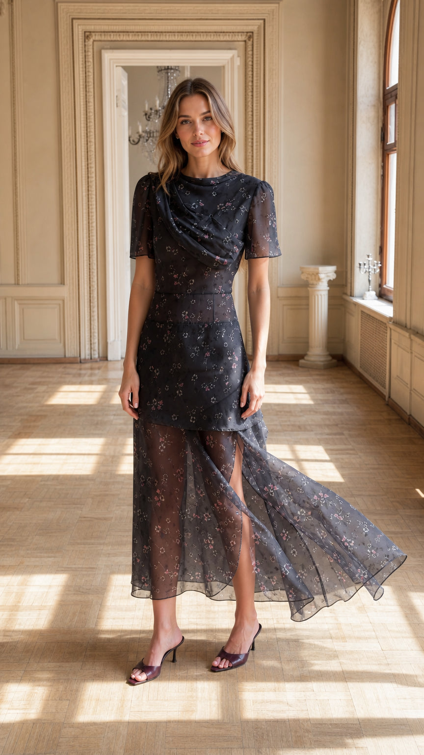 Floral Draped Cowl Neck Maxi Dress in Black full front view