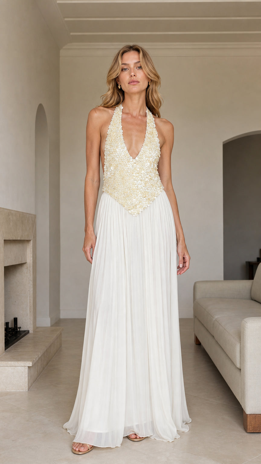 Front view of White Sequin Halter Pleated Maxi Dress