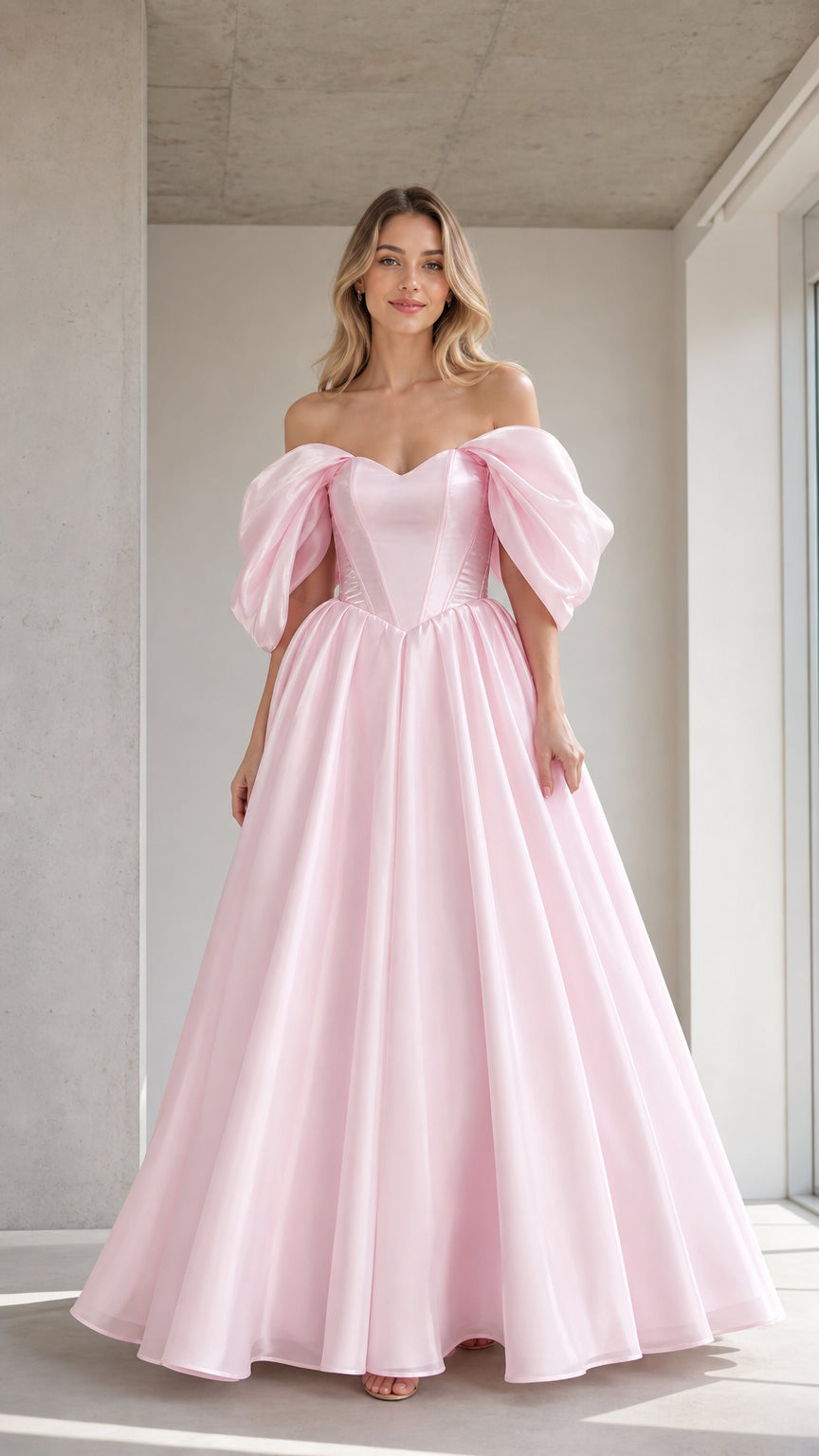 Front view of model wearing the pink off-shoulder satin ball gown