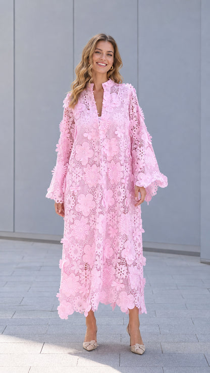 Front view of model wearing pink floral lace maxi dress