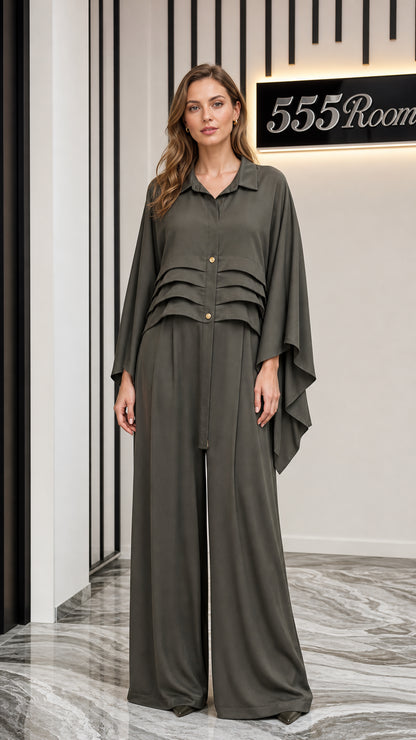 Front view of model wearing olive pleated blouse and wide-leg pants set