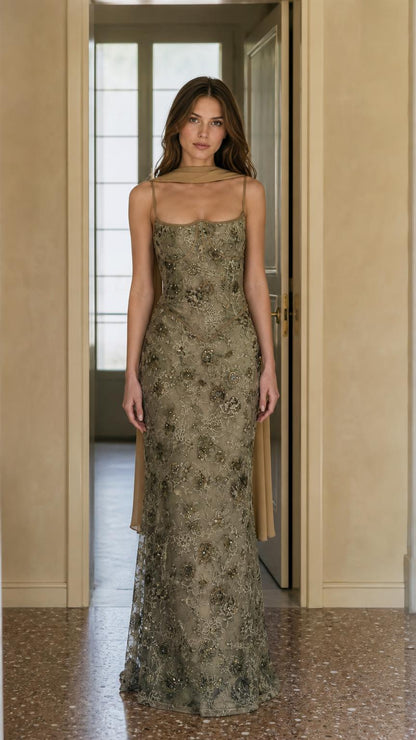 Front view of olive embroidered maxi evening dress with matching scarf