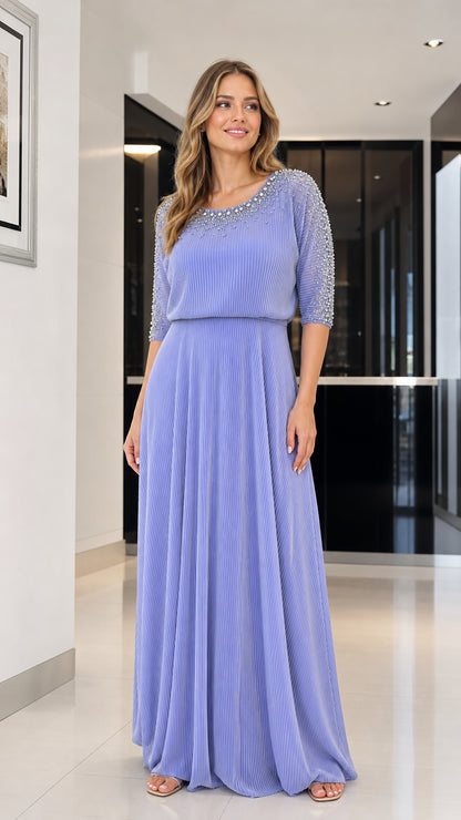 Front view of model wearing lavender beaded pleated maxi dress